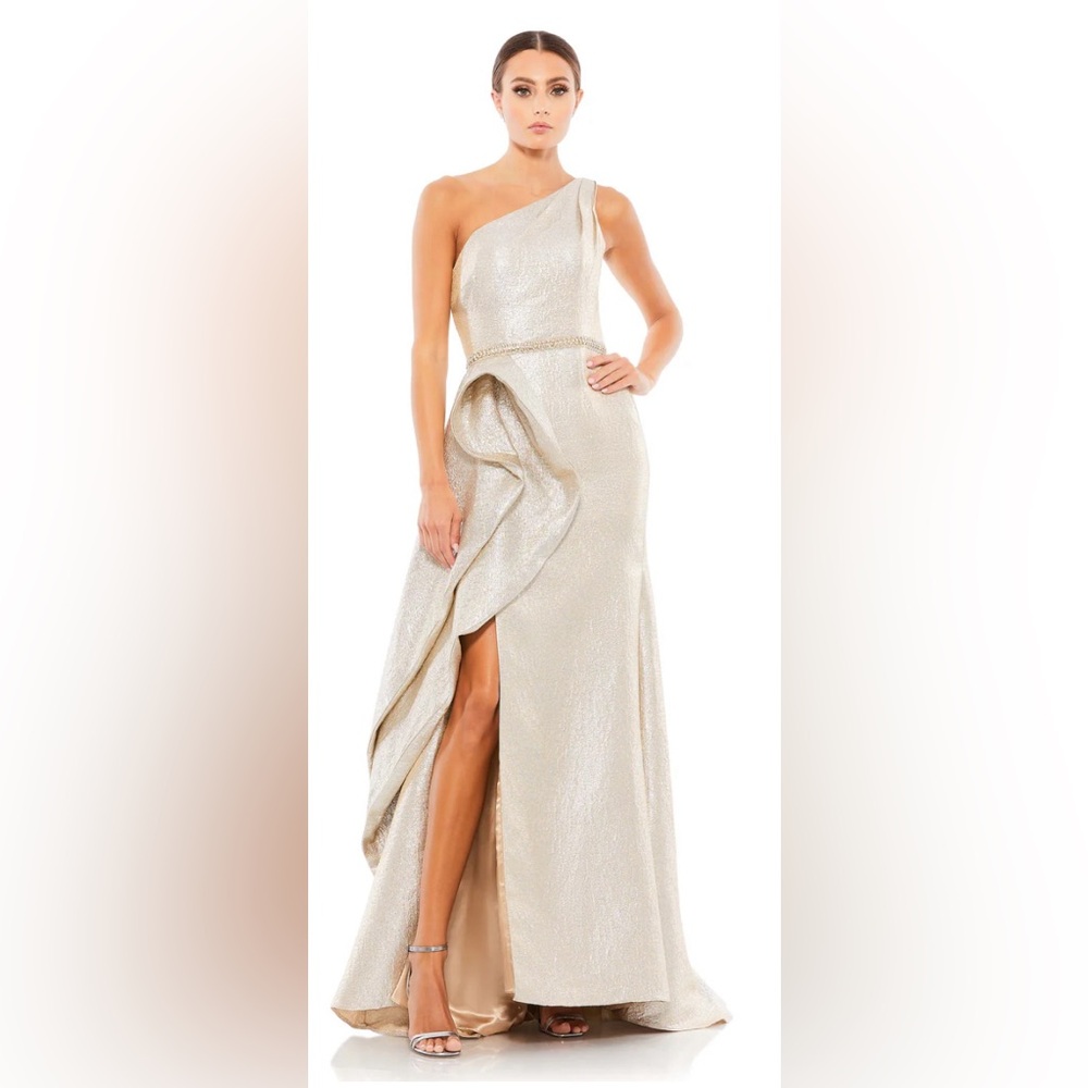 MAC DUGGAL Dress sz 0 One Shoulder Metallic Long Evening Gown Ruffled NWT READ*